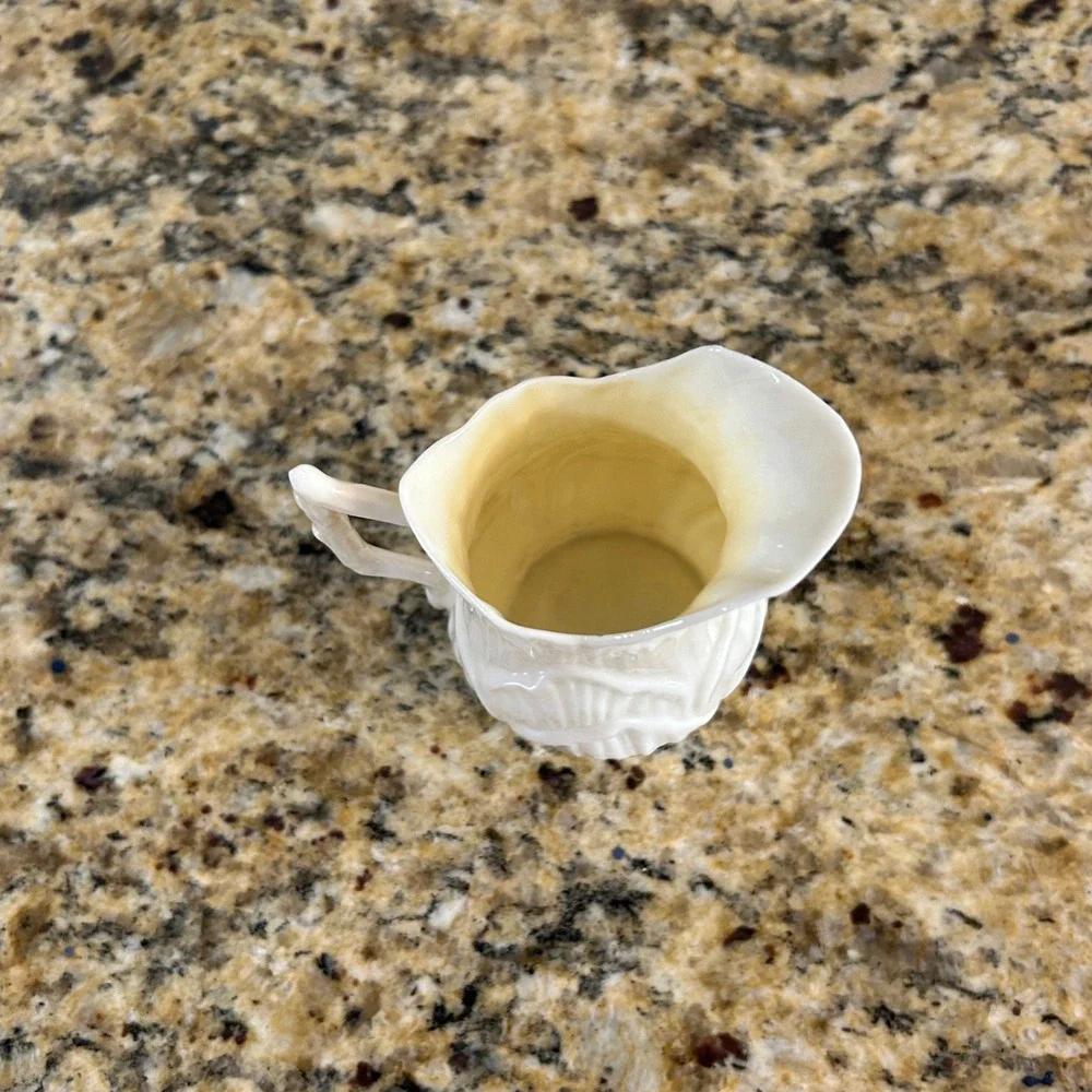 Belleek Shamrock Creamer 3.5in Ivory Basketweave Parian China Green Mark